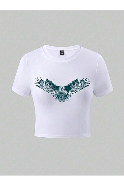 Bengi Clothing Λευκό Crew λαιμόκοψη με εμπριμέ κοντό μανίκι Y2K Crop Top