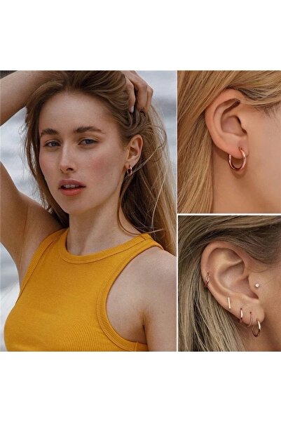 MAZEN 3'lü Kararmaz Cerrahi Çelik Halka Küpe ( 8 mm, 10 mm, 12 mm) Gold Renk