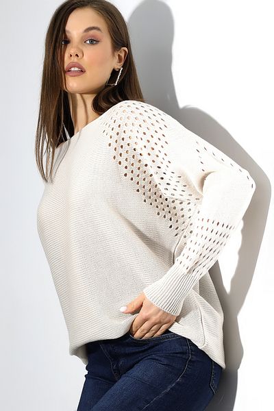 Devinka Pulover de damă, bej, oversize, ajurat, tricotaj casual