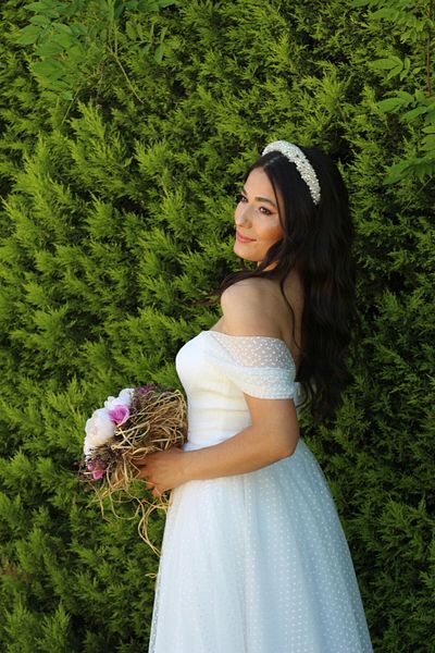 FaBe Fashion Strapless Collar Polka Dot Tulle Midi Wedding and Outdoor Shooting Dress