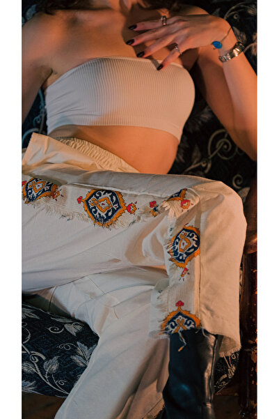 melongeneco Püsküllü keten detaylı Şile bezi pantolon