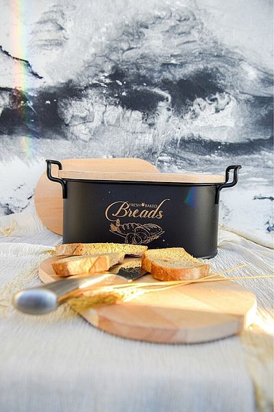 TOPTANFONİ Luxury Metal Bread Storage Box with Wrought Iron Bamboo Lid Black