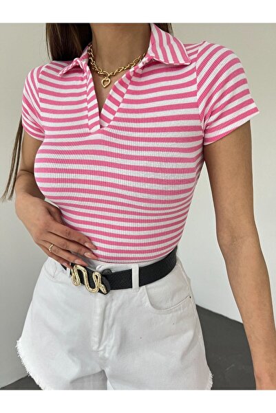 Lunaberry Bluză crop cu mânecă scurtă, cu decolteu polo, pentru femei, cu dun...