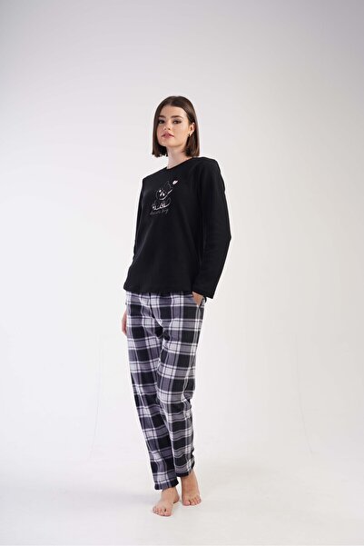 VİENETTA Vienetta AW24 3050050283 - Kadın Uzun Kol Polar Pijama / Siyah