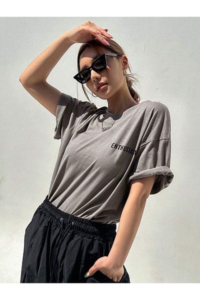 AFROGİYİM Unisex Enthusiasm Μπροστινό Πίσω Μπλουζάκι με στάμπα Oversize