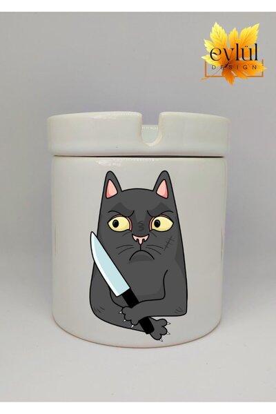 Eylül Design منفضة سجائر سيراميك مطبوعة بتصميم خاص من Dangerous Cat، بدون رائحة