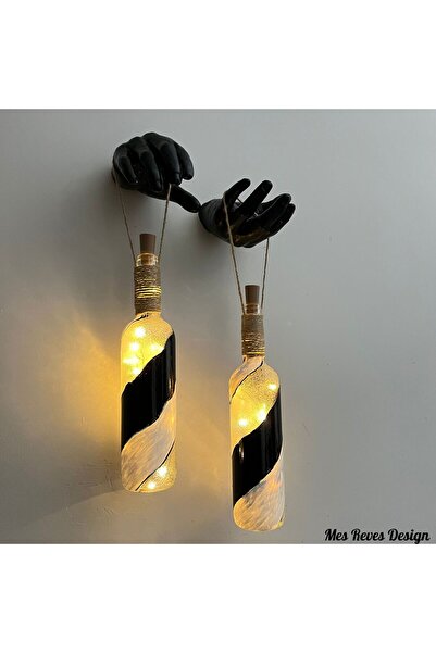 Mes Reves Siyah Heykel El Dekorlu Pilli Led Işıklı Vitray Cam Şarap Şişesi Ap...