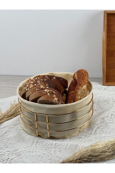 Pink Cat Kitchen Round Bread Basket Multi-Purpose Gold Stainless Basket Cream Fabric