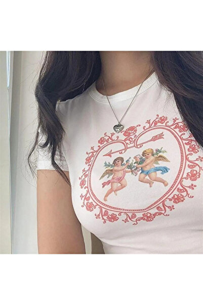 Gofeel Y2k Tech White Double Angel Heart Crop