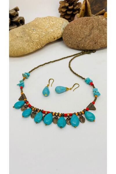 Porsuk Alternatif طقم قلادة وأقراط من الفيروز الأصيل المصنوع يدوياً من الفيرو...