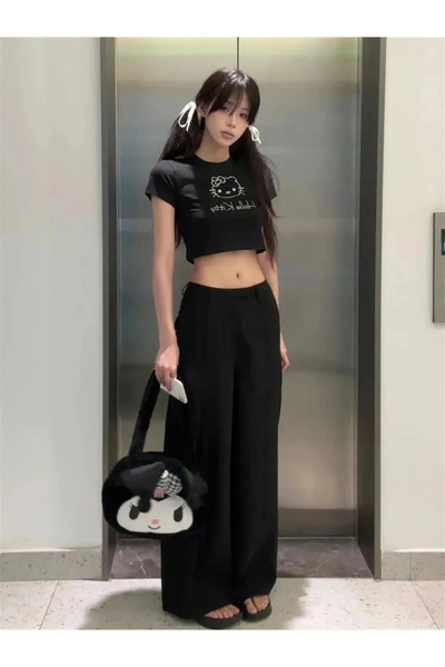 Gofeel Y2k Tech Kitty Taş İşleme Siyah Crop