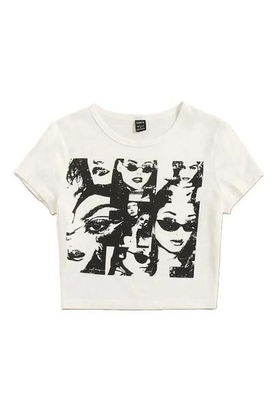 Gofeel 90s Y2k Figure Face Printed White Crop Top
