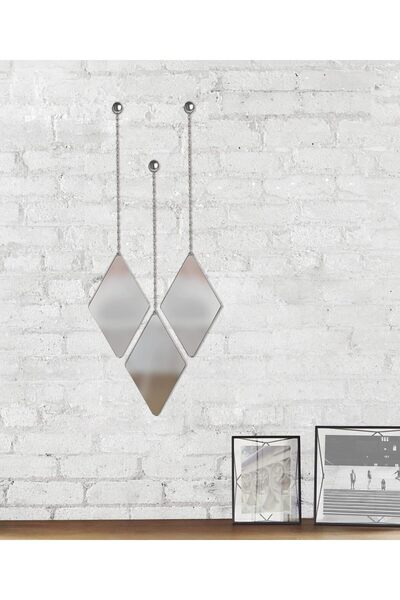 vitrayverteks Gümüş Elmas Dekor Duvar Aynası, 3'lü Set Ev Dekoru Altın Ayna, Asma Zincirli