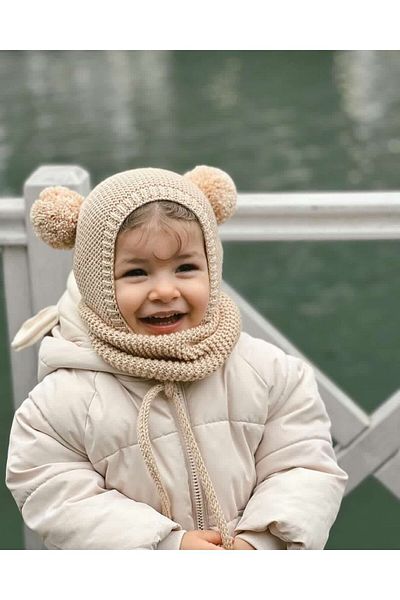 DERY BABY Hand Knitted Pompom Bonnet, Beret and Neck Collar Set