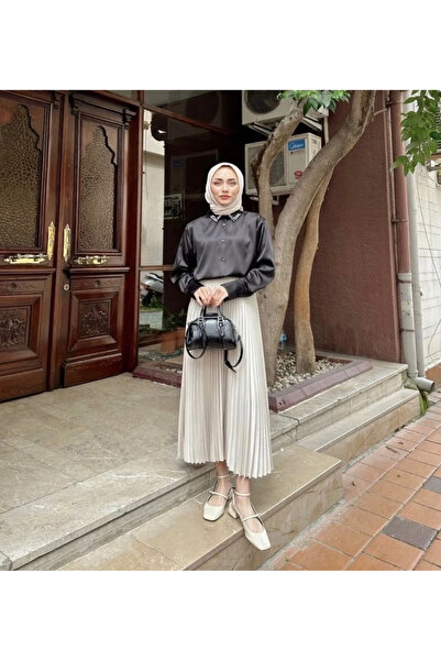 Genel Markalar Tesettür Kadın Saten Görünümlü Piliseli Etek