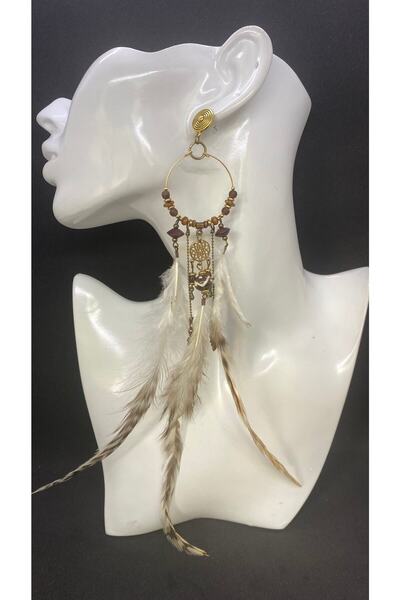 Porsuk Alternatif El Yapımı , Etnik Pirinç Aparatlı Tüy , Tekli Kadın Küpe