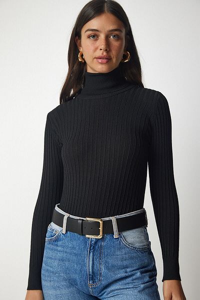SARİTA MODA Pulover de bază cu nervuri negru pentru damă