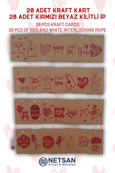Netsan Etiket Kraft Valentine's Day Card (7,7x4,8cm) 28 Different Designs + 28 Red and White Locked Strings