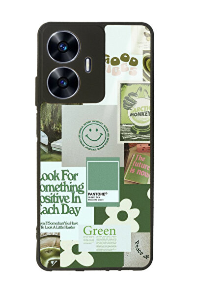 Spoyi Oppo Realme C55 Green Sticker Tasarımlı Glossy Telefon Kılıfı
