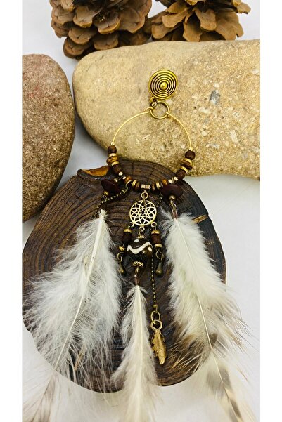 Porsuk Alternatif El Yapımı , Etnik Pirinç Aparatlı Tüy , Tekli Kadın Küpe