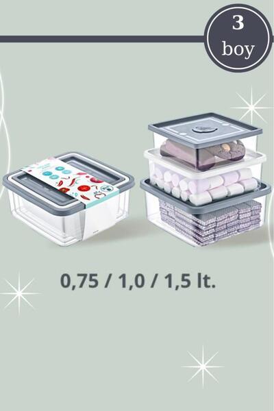 Flora 3’lü Kare Erzak Saklama Kabı, Modüler Erzak Muhafaza Kutusu 3’lü Set (7...