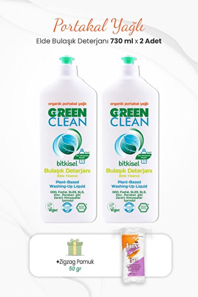 Green Clean Bitkisel Bulaşık Deterjanı Portakal Yağlı 730 ml X 2 Adet Ve Zigzag Pamuk
