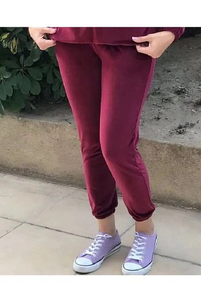 BAHHAR Women's Burgundy Silky French Velvet Pants Mold High Waist Elastic Leg Pocket Pants