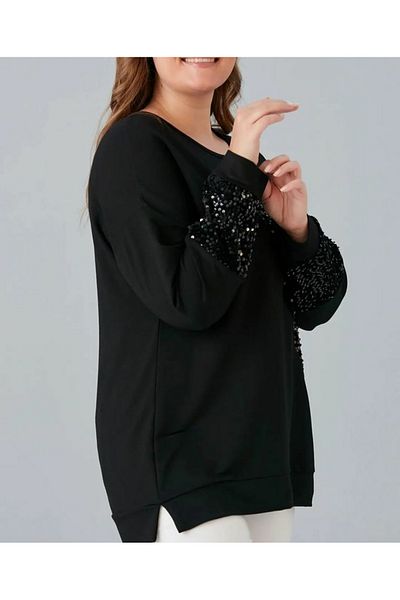 Te&Te Women's Plus Size Blouse with Shiny Sequin Detail on the Front and Sleeves