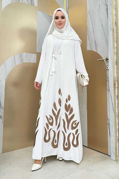 Bym Fashion Skirt Patterned Dress Abaya Suit 8495 Ecru