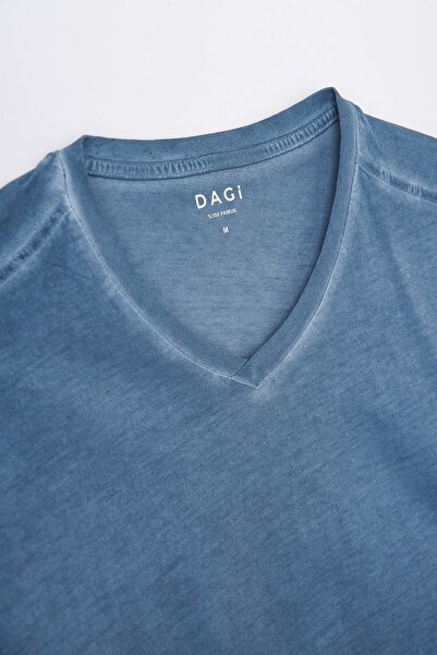 Dagi Blue V-Neck Cotton Acid Wash T-shirt