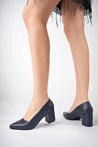 Deripabuc Genuine Leather Navy Blue Women's Heeled Leather Shoes Shn-0101