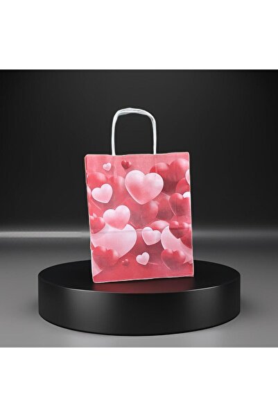 KENT 25X12X31 Burgu Saplı Kalp Desenli Kraft Poşet - Çanta 25 Adet
