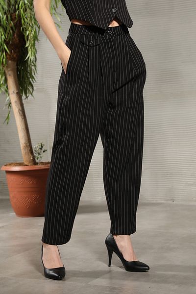 GİYSA Women's Ornamental Pocket Striped Carrot Trousers
