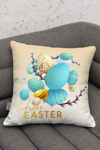Hayal Dekoratif Față de pernă cu temă de Paște Happy Easter, galben albastru, model de ouă
