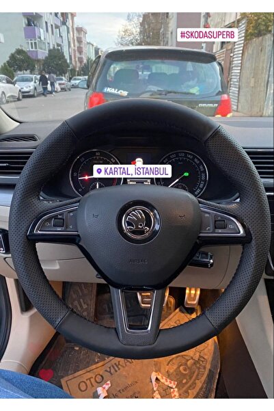 Detay Direksiyon kılıfı Skoda Fabia -Octavia Super B 2015 Manuel uyumlu spor bentley desen siyah dikiş