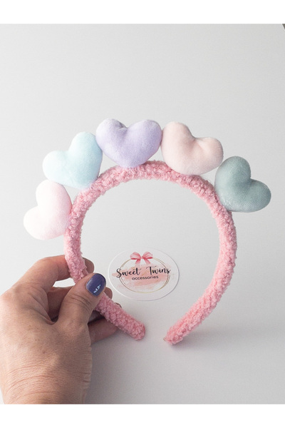 Sweet twins accessories Renkli Kalpli Peluş Pembe Taç Hediye Çocuk Tacı