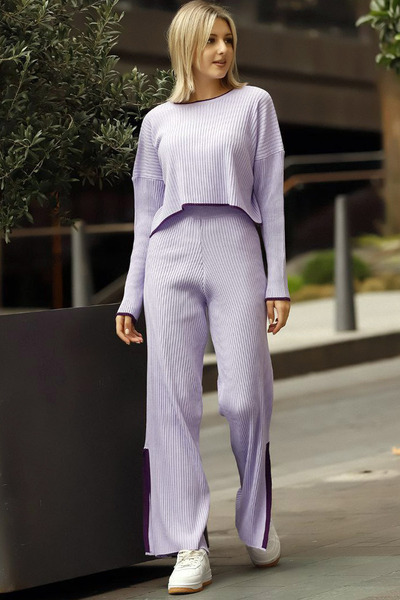 ALCHON Pulover scurt cu dungi cu gât rotund Pantaloni cu fante cu talie elast...