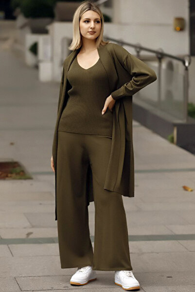 ALCHON V-Neck Ribbed Tank Top U Long Sleeve Pocket Cardigan Elastic Waist Straight Leg Trousers Knitwear Triple Set