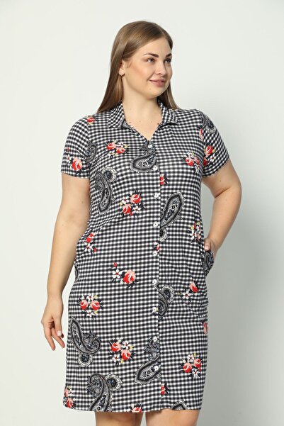 İntensive Rochie de damă, cu mânecă scurtă, cu model, cu buzunar cu nasturi, din bumbac pieptănat, modal