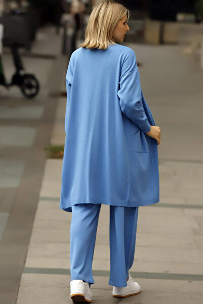 ALCHON Tricot cu decolteu în V cu nervuri Cardigan cu mânecă lungă și buzunar, cu talie elastică, pantaloni cu picior drept, tricotaje Set triplu