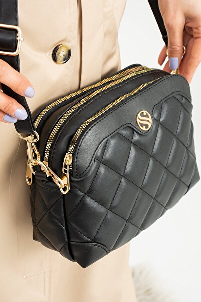 Paul Brand Kadın Siyah 4 Bölmeli Çapraz Askılı Kapitone Deri Omuz Çantası ve Cüzdan Kombini PBM126701