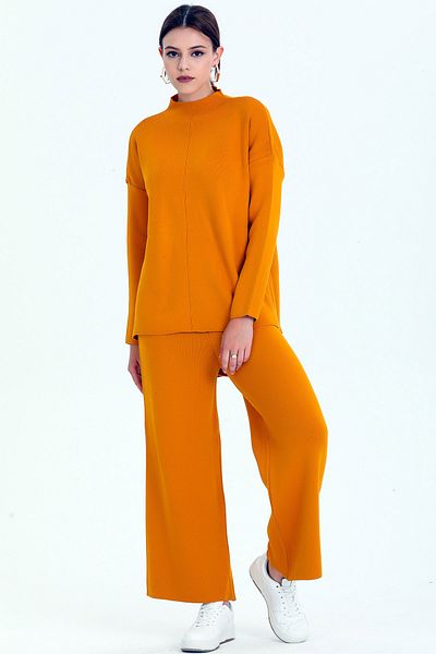 ALCHON Stand Collar Striped Knitwear Sweater and Dress Set - Short Sleeve, Long Pants, Elastic Waist