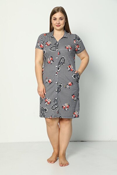 İntensive Rochie de damă, cu mânecă scurtă, cu model, cu buzunar cu nasturi, din bumbac pieptănat, modal