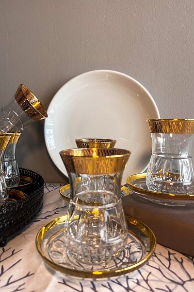 Paşabahçe Decostyle Diana Gold Embroidered 12 Piece Ajda Size Tea Set for 6 Persons 150 Cc