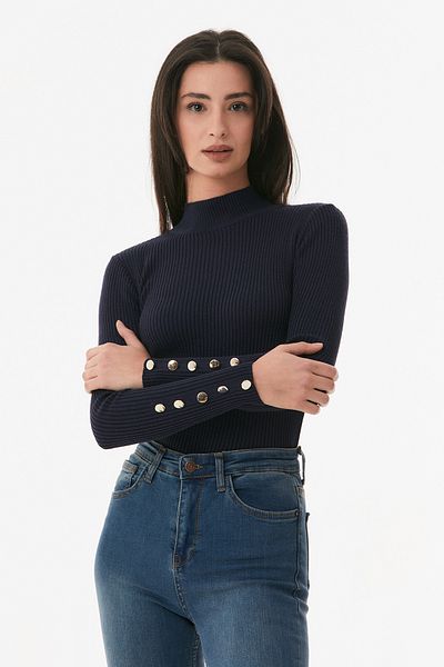 Fulla Moda Ribbed Stand Collar Button Detailed Knitwear Sweater