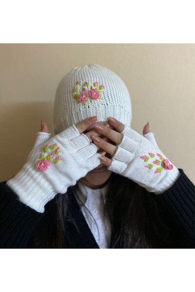 sema aksesuar Handmade Pearl and Flower Embroidered Beret and Cut Fingers Gloves Set - Valentine's Day Gift