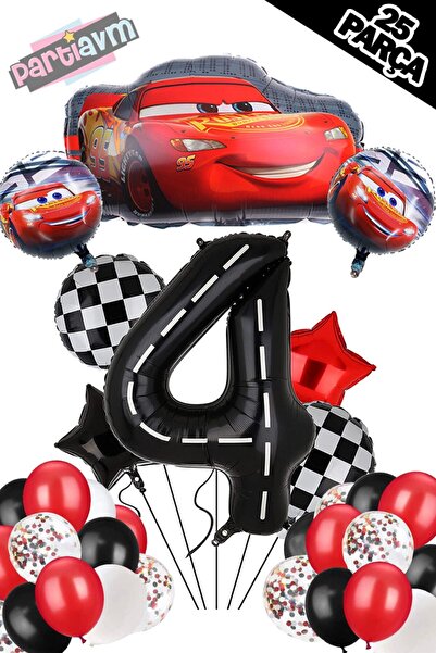 PARTİAVM Siyah Rakam Balonlu Şimşek Mcqueen Balon Seti Arabalar (CARS) Konfet...