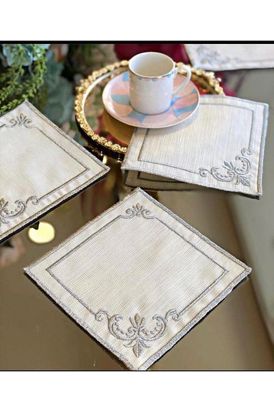 Bonny Home Square Gray 6-Piece Linen Linen Coffee Side Cocktail Presentation Party Napkin Embroidered Presentation Holder
