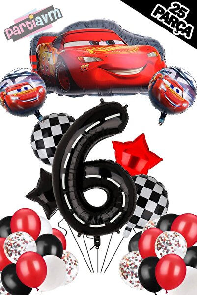 PARTİAVM Siyah Rakam Balonlu Şimşek Mcqueen Balon Seti Arabalar (CARS) Konfet...