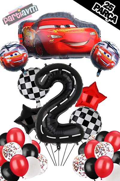 PARTİAVM Siyah Rakam Balonlu Şimşek Mcqueen Balon Seti Arabalar (CARS) Konfet...